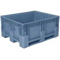 RAL7046 gri renkli, 100x120 cm dış ölçülerinde, altı ve yanları tamamen kapalı pabuçlu ağır yük taşıyıcı kasa görseli. Forklift çatalları için optimize edilmiş 3 pabuçlu (skid) taban yapısı ve yüksek mukavemetli endüstriyel plastik gövde.